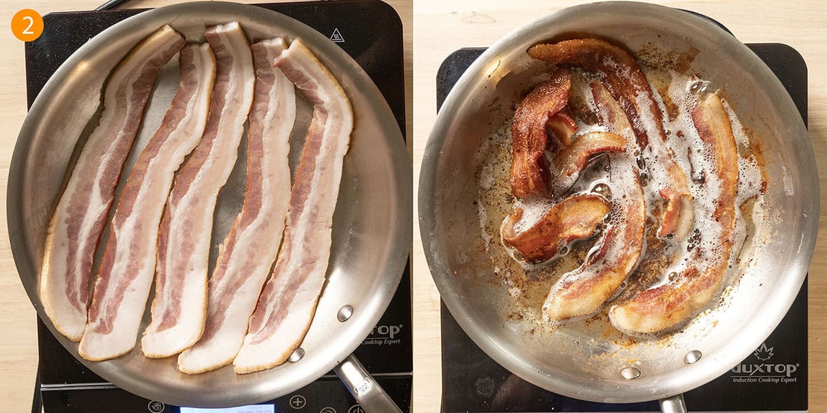 Frying bacon in a pan.