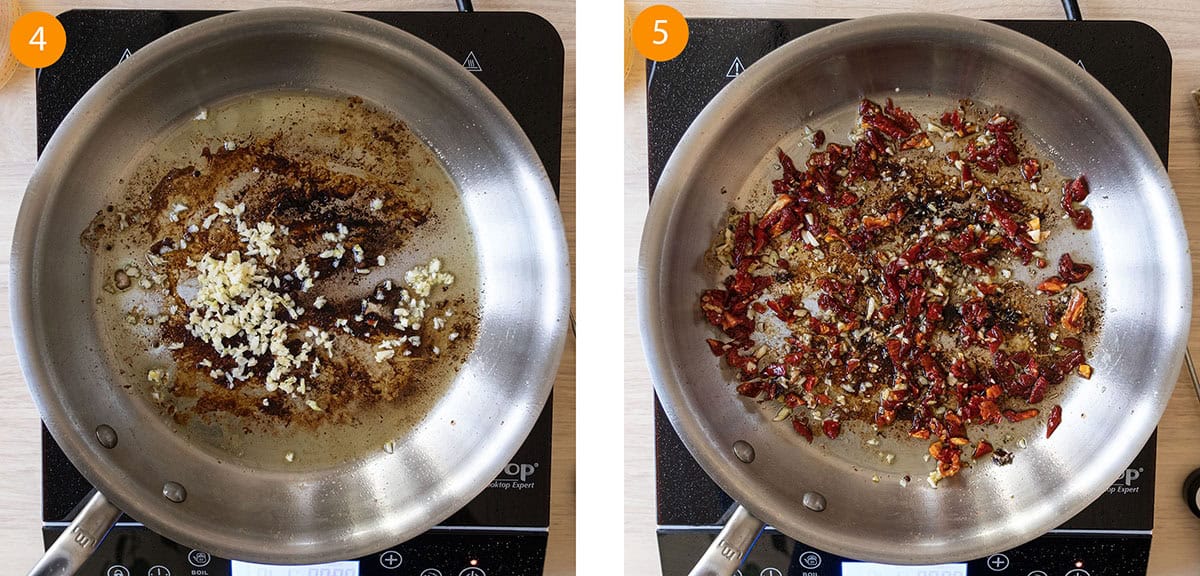 Sauteing the garlic and sundried tomatoes.