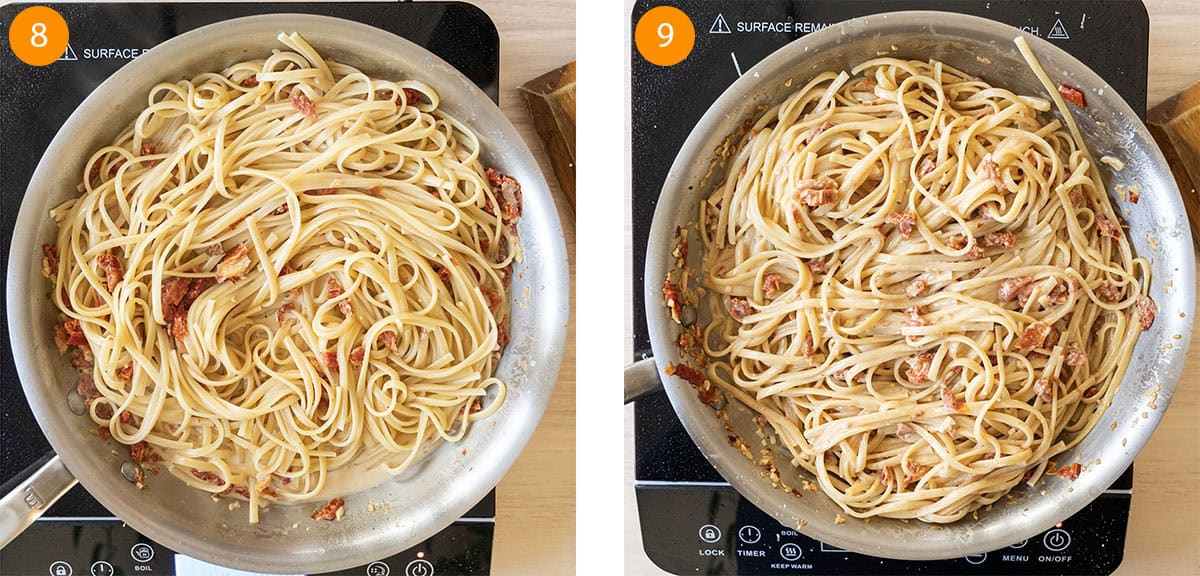 Adding the pasta and parmesan to the pan.