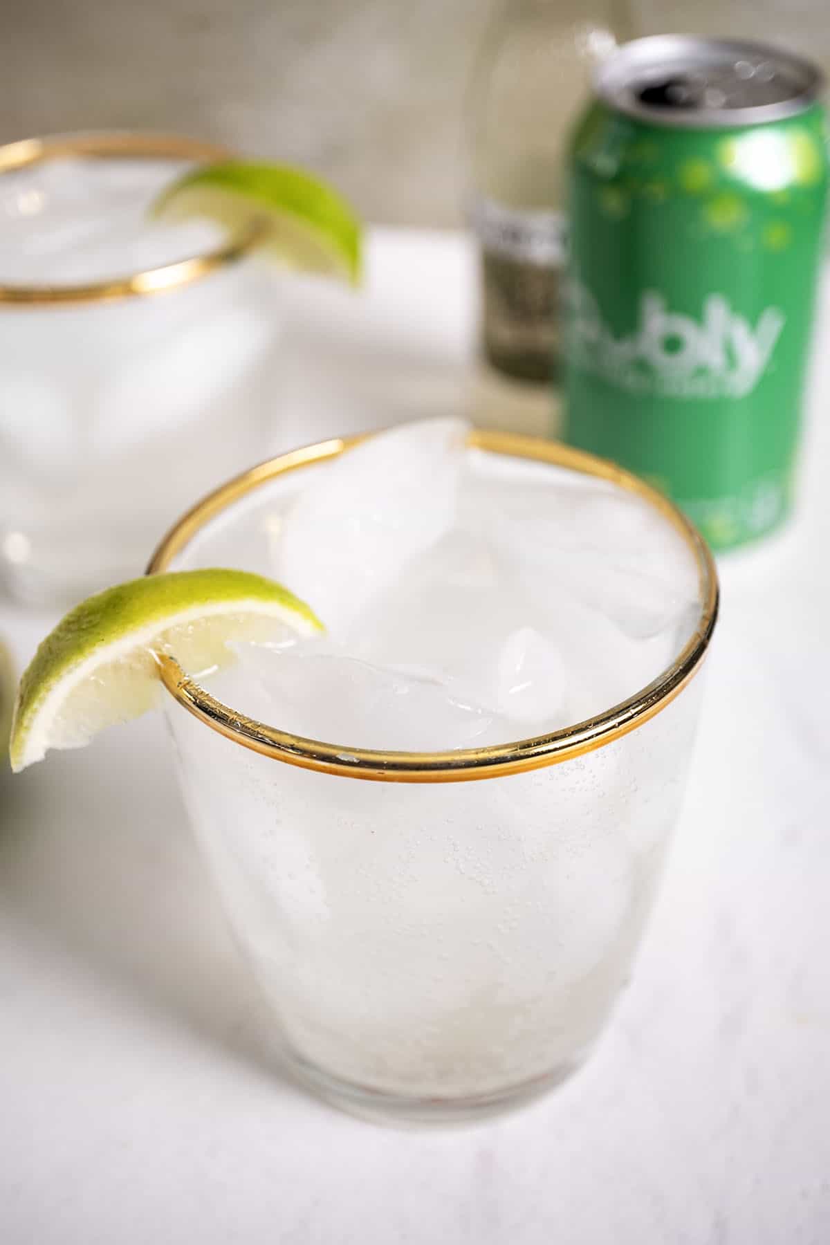 Non alcoholic moscow mule in a glass, garnished with a lime.