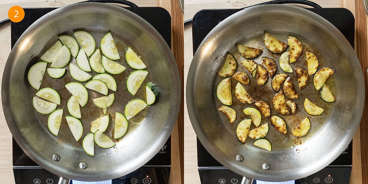 Frying zucchini in a saucepan.