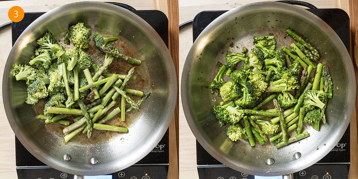 Sauteing broccoli and asparagus in a saucepan.