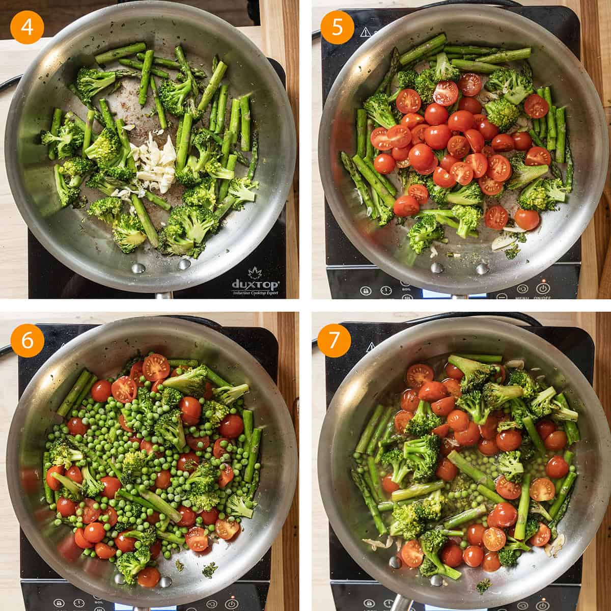 Sauteing vegetables in a pan in 4 steps.