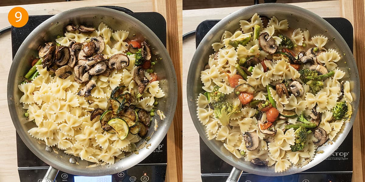 Combining all the ingredients in the pan.