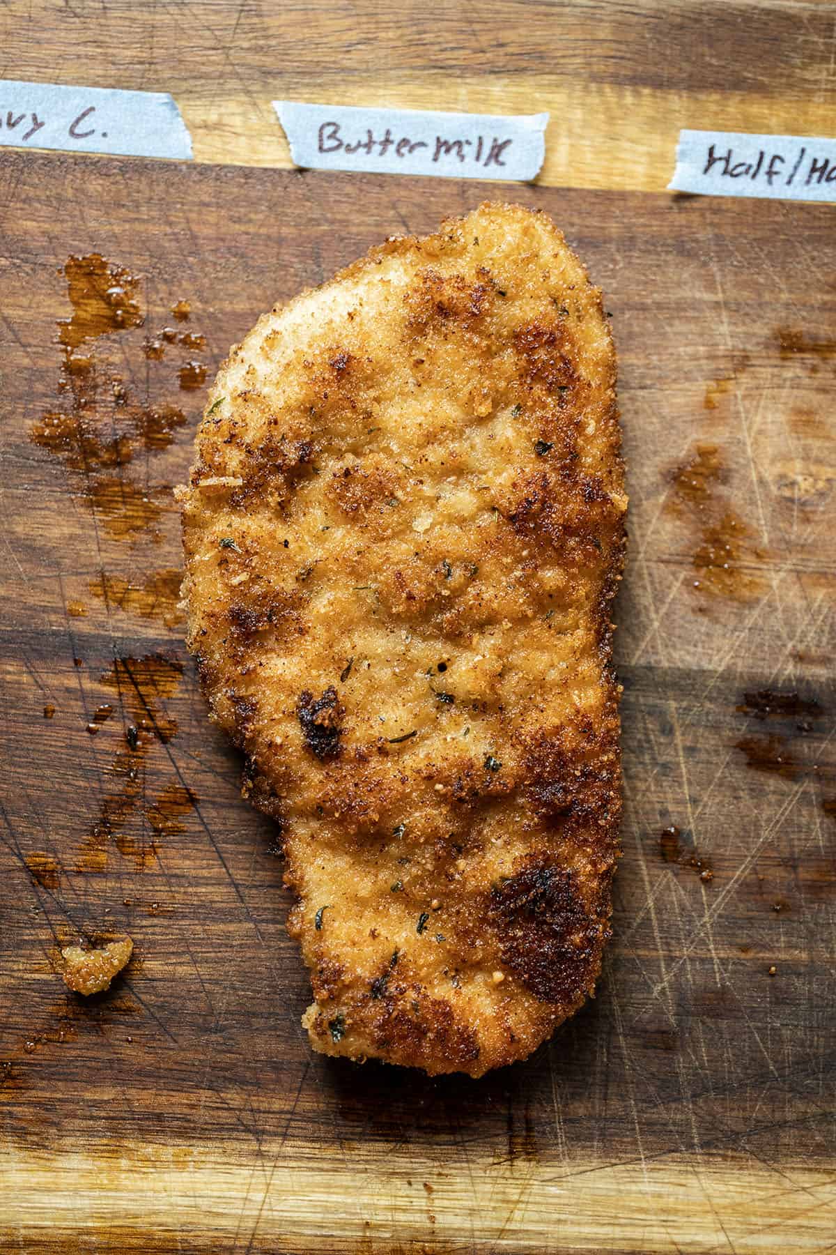Chicken cutlet battered in buttermilk.