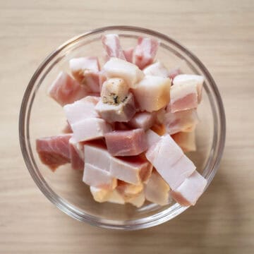 Pancetta chopped into ¼ inch pieces.