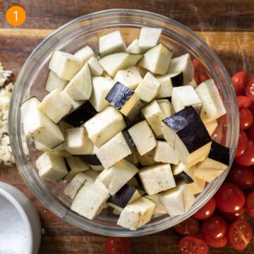 Eggplant chopped in to ½ inch squares.