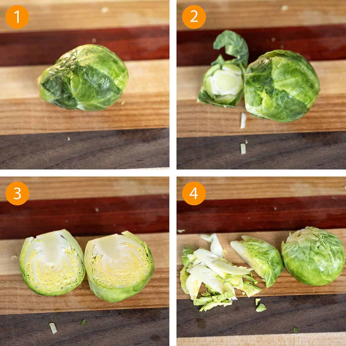 Steps to thinly chop the brussels sprouts.