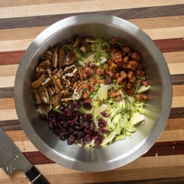 Cranberries, pecans, and pancetta added to the brussels sprouts.