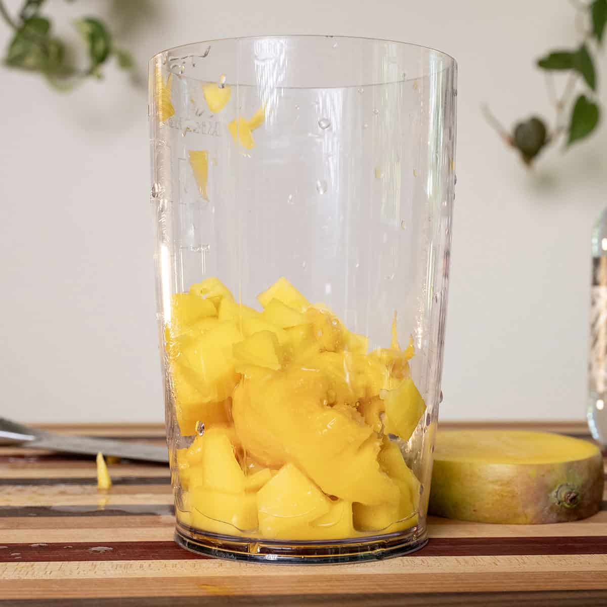 Mango in a blender cup.