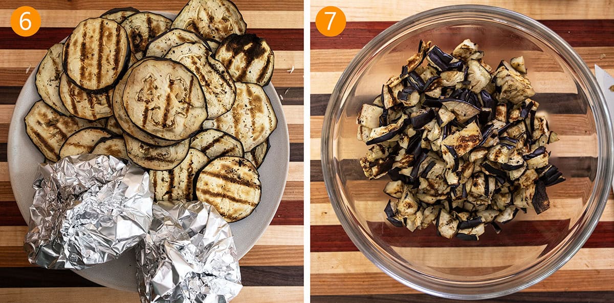 Chopped grilled eggplant.