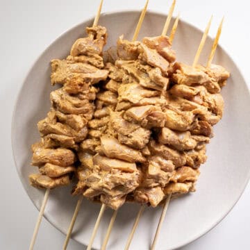 Marinated chicken on a skewer.