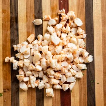 Chopped cooked shrimp.