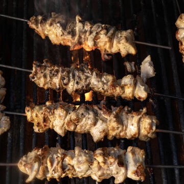 Skewers cooked on the grill.