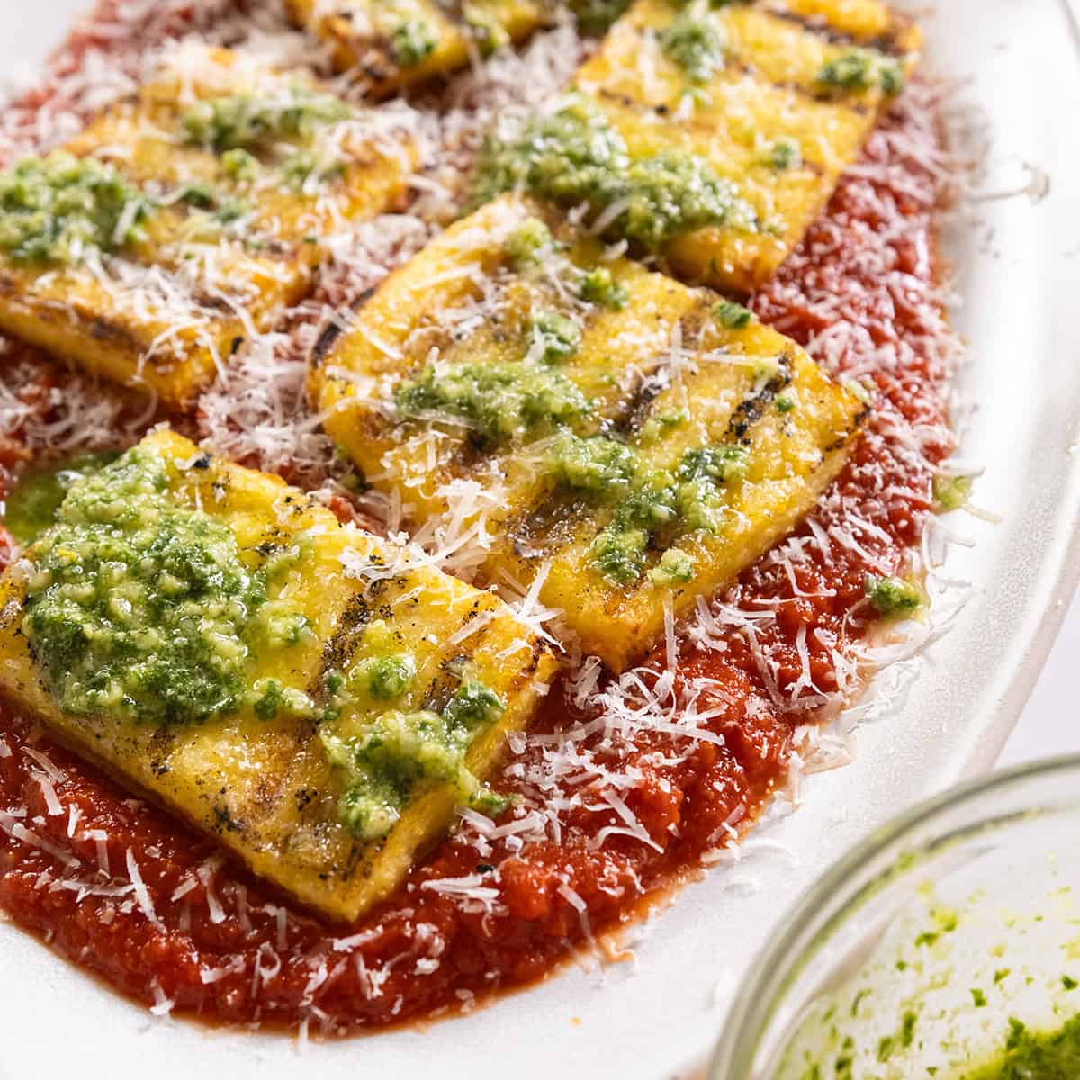Perfect Grilled Polenta with Marinara and Pesto
