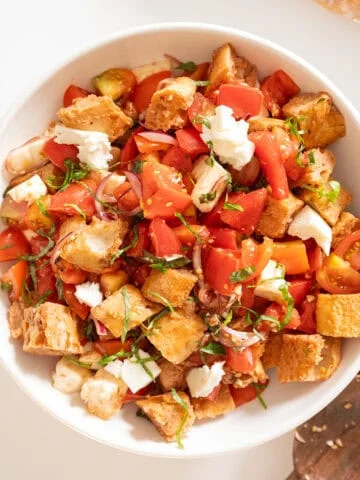 Panzanella bread salad in a bowl.
