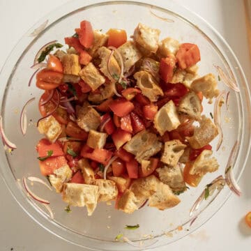 Bread soaking with tomatoes and vegetables.