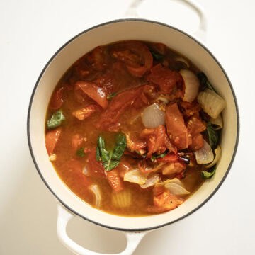 Tomato and onions combined with chicken broth in a pot.