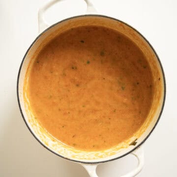 Tomato soup blended in a pot.