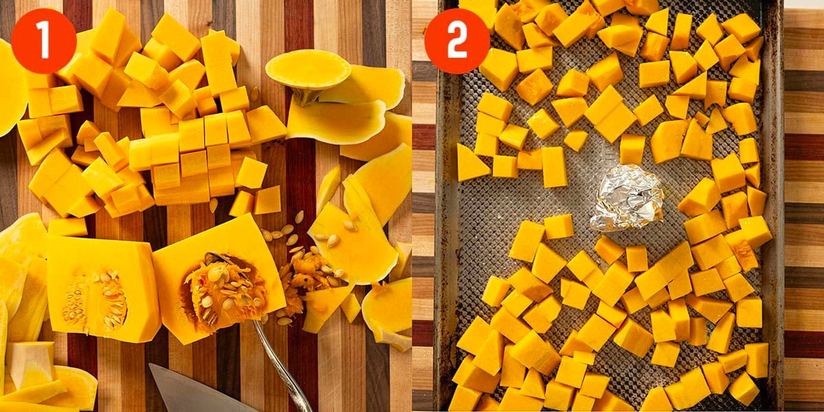 Chopping butternut squash and roasting in the oven.