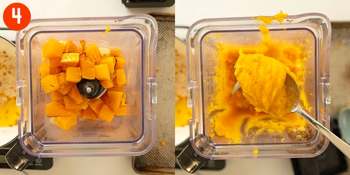 Blending roasted butternut squash into a puree.