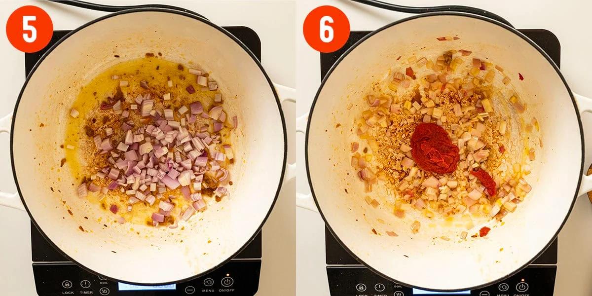 Sauteing shallots and tomato paste in dutch oven.