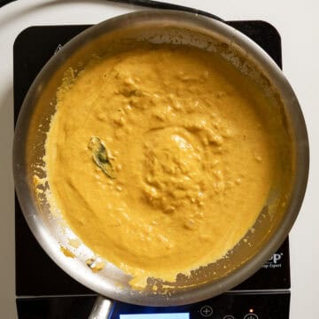 Heavy cream added to the pumpkin pasta sauce.