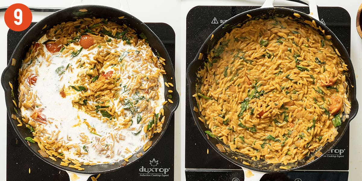 Combining orzo with heavy cream.
