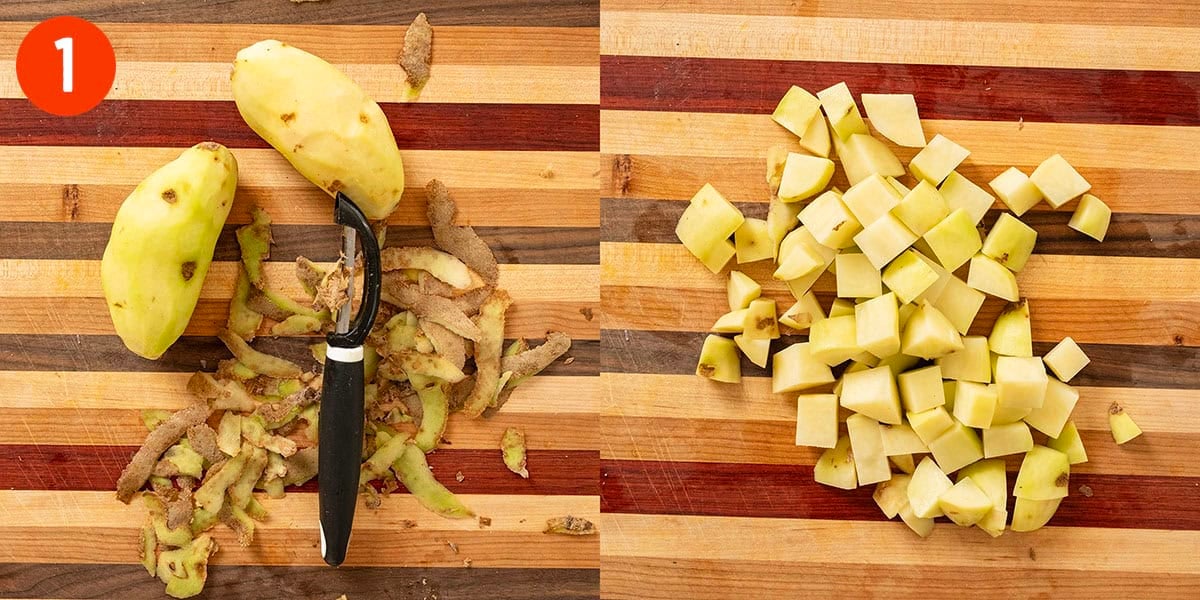 Peeled and chopped potatoes.
