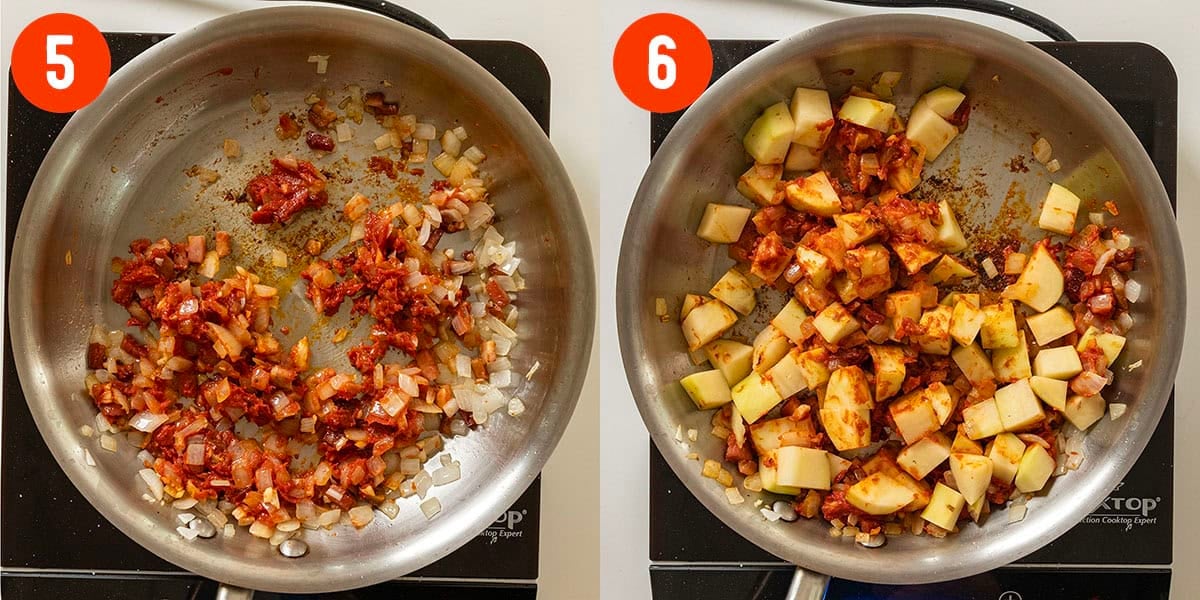 Caramelized tomato pasta in a saucepan combined with chopped potatoes.