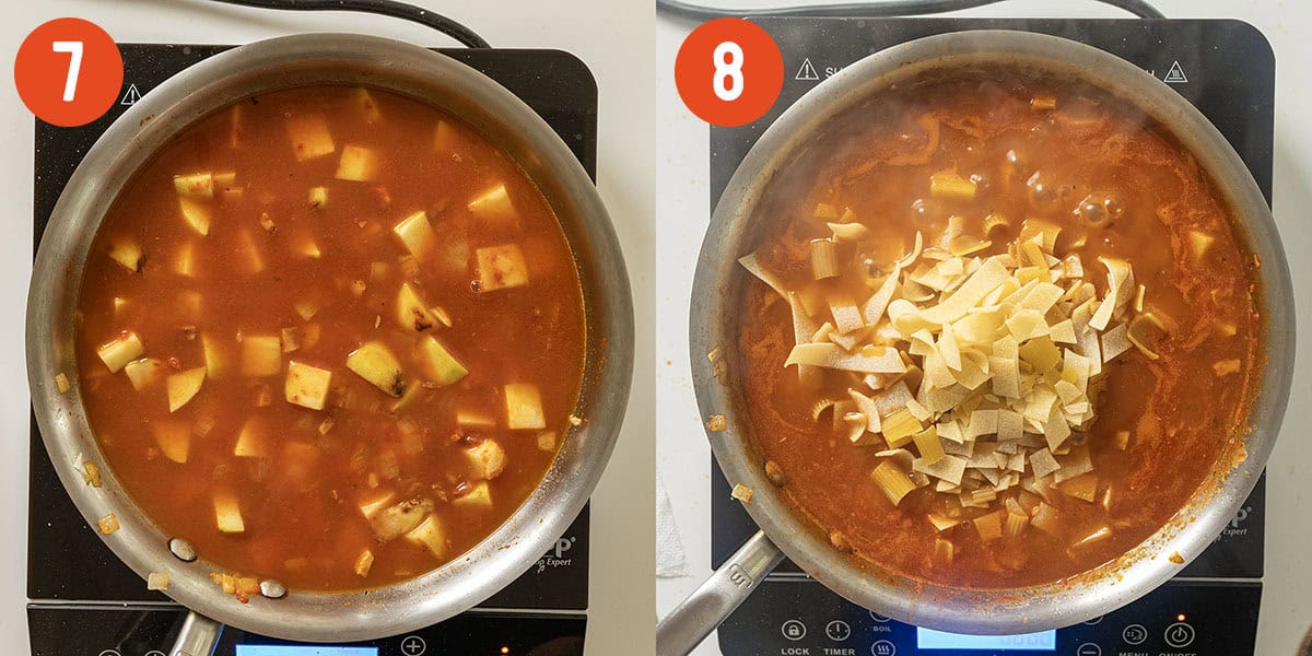 Simmering potatoes in broth and water combined with pasta.
