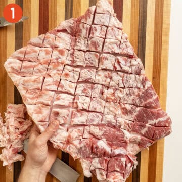 Cross hatching pork belly.