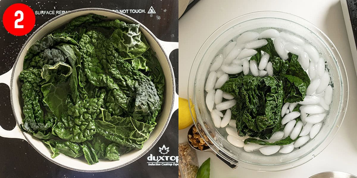 Boiling and blanching kale.