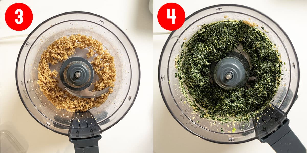 Processing walnuts with fresh garlic, salt, and kale.