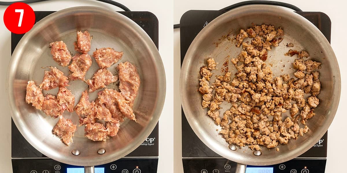 Frying sausage in a saucepan.