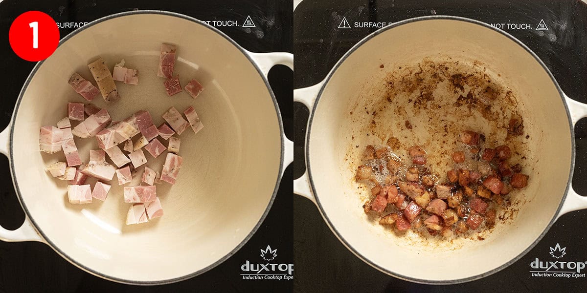 Frying pancetta in a saucepan.