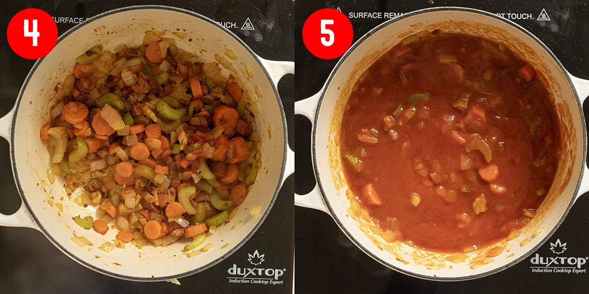 Caramelizing tomato paste and simmering passata with sofrito.