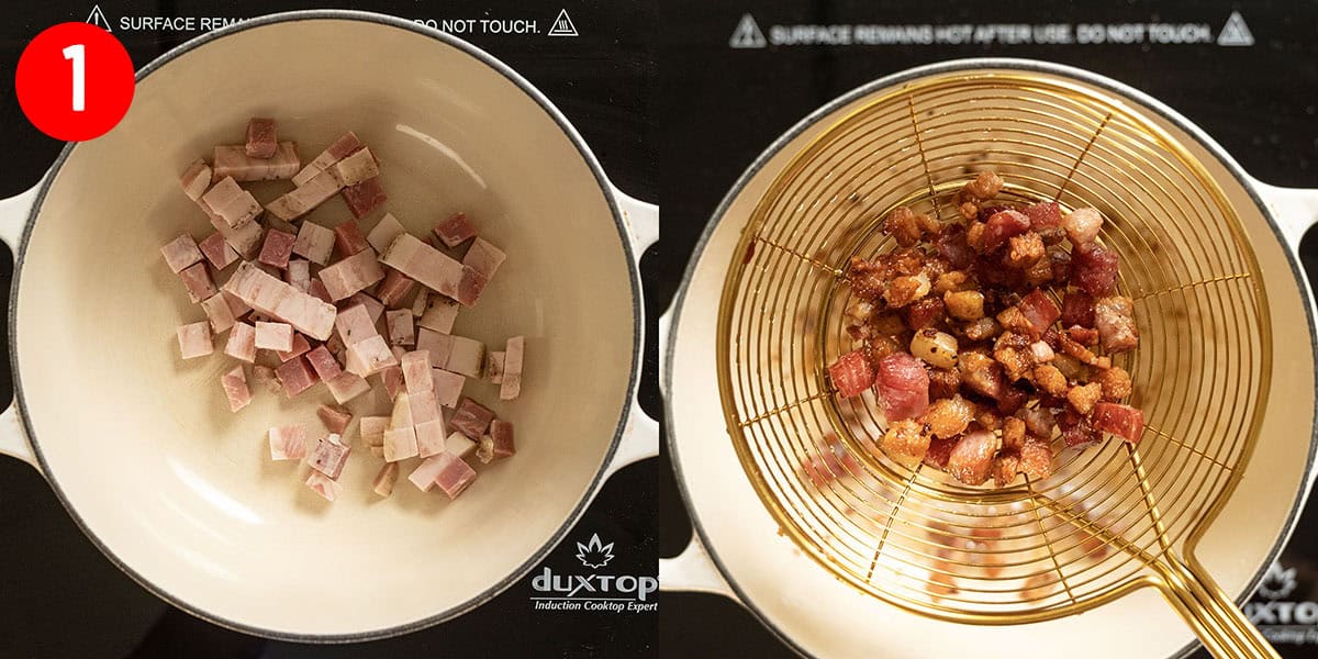 Frying pancetta in a dutch oven.