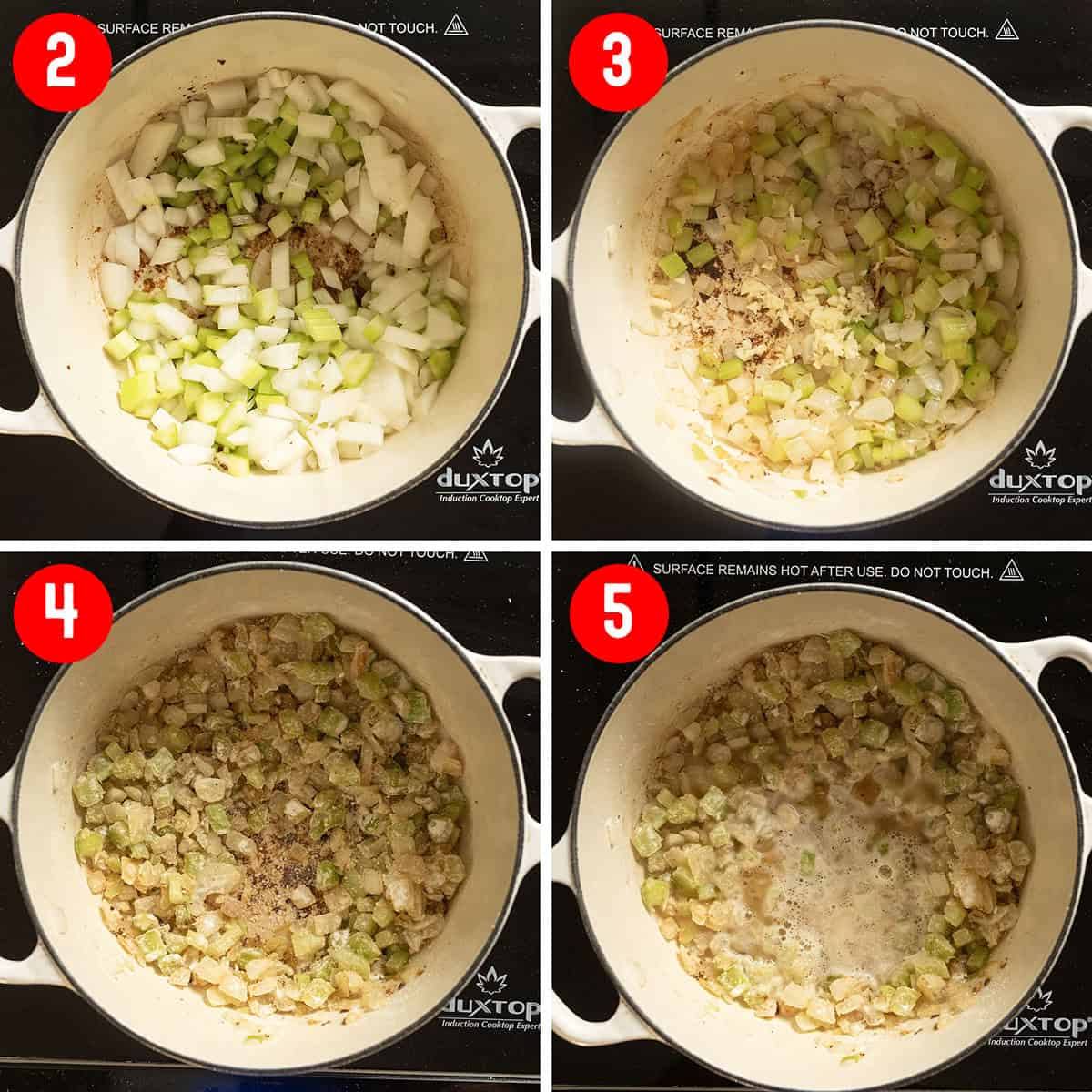 Sauteing celery and onions and combining with flour.