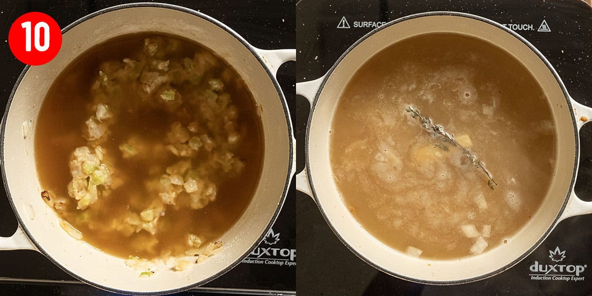 Chicken and clam broth in a dutch oven.