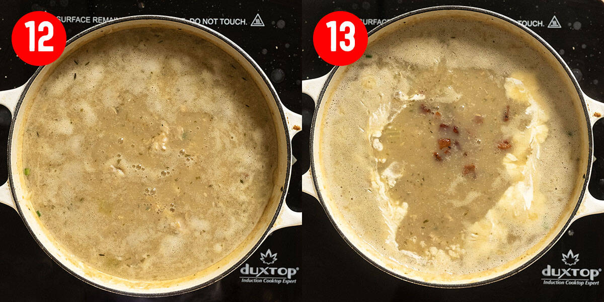Adding clams, pancetta, and heavy cream to the soup.