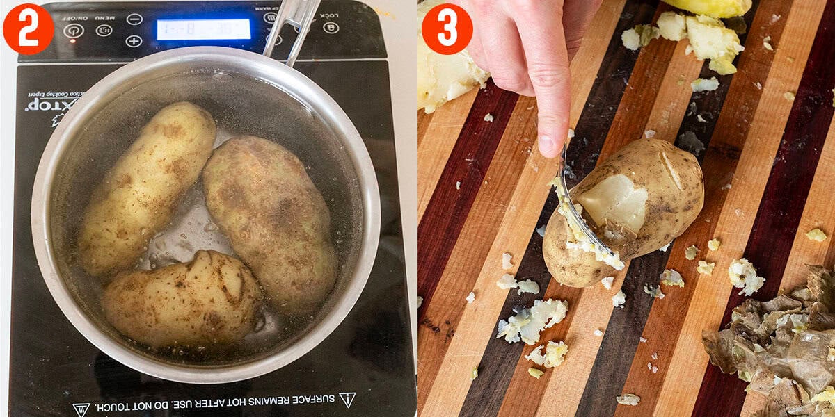 Boiling potatoes until tender and peeling.
