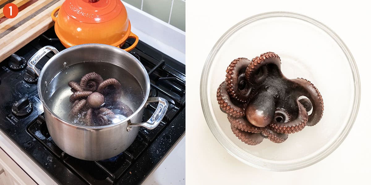 Boiling octopus in a pot.