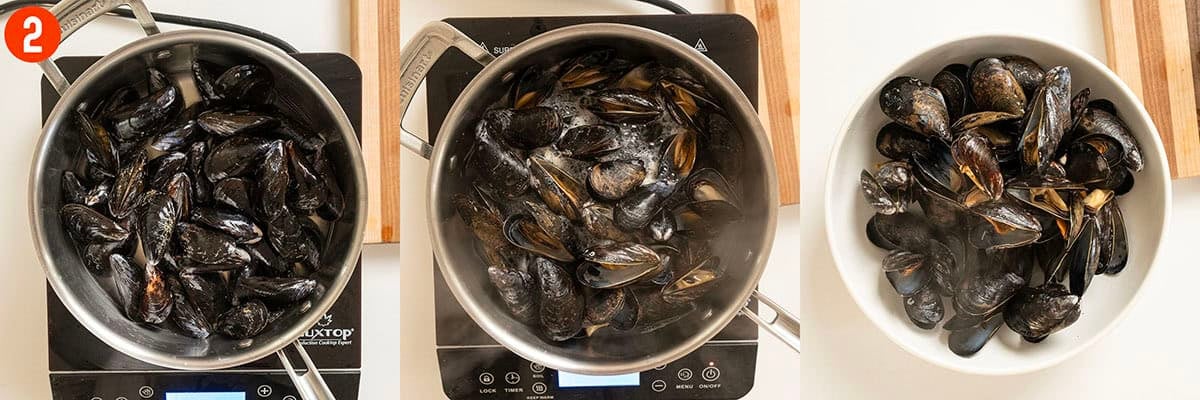 Steaming mussels in a pan.