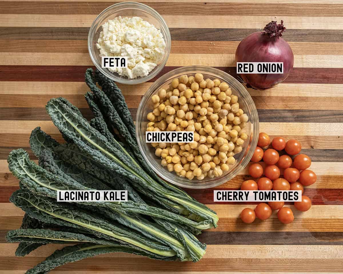 Ingredients for the garbanzo bean and kale salad.