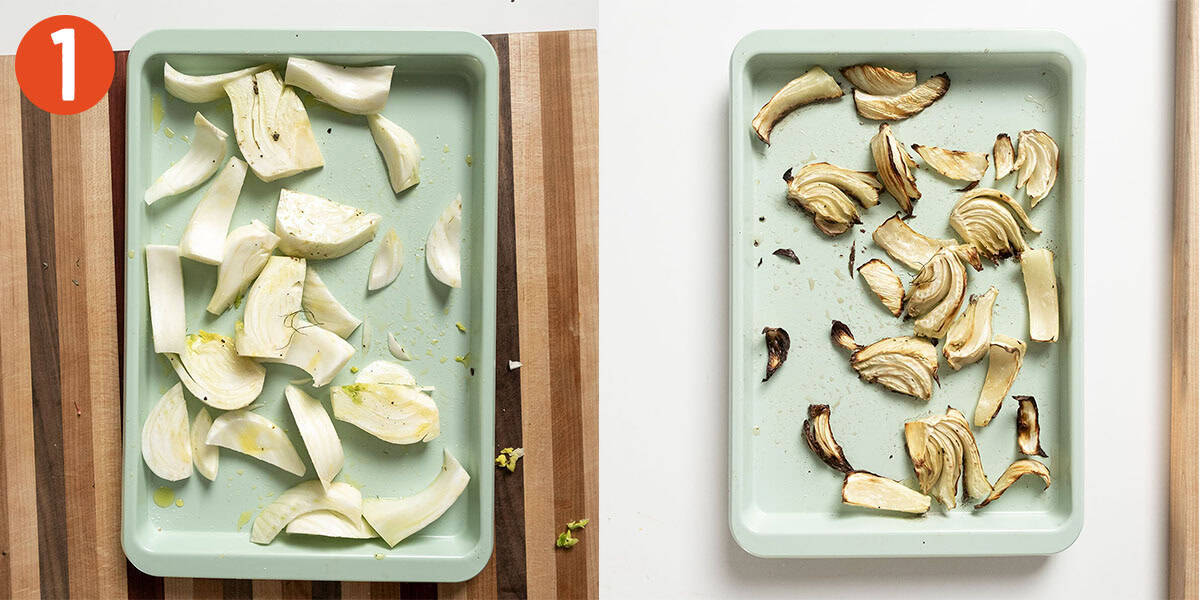 Roasting fennel on a pan.