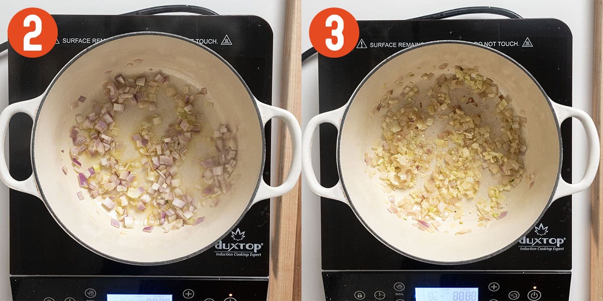 Sauteing shallots and garlic in a dutch oven.