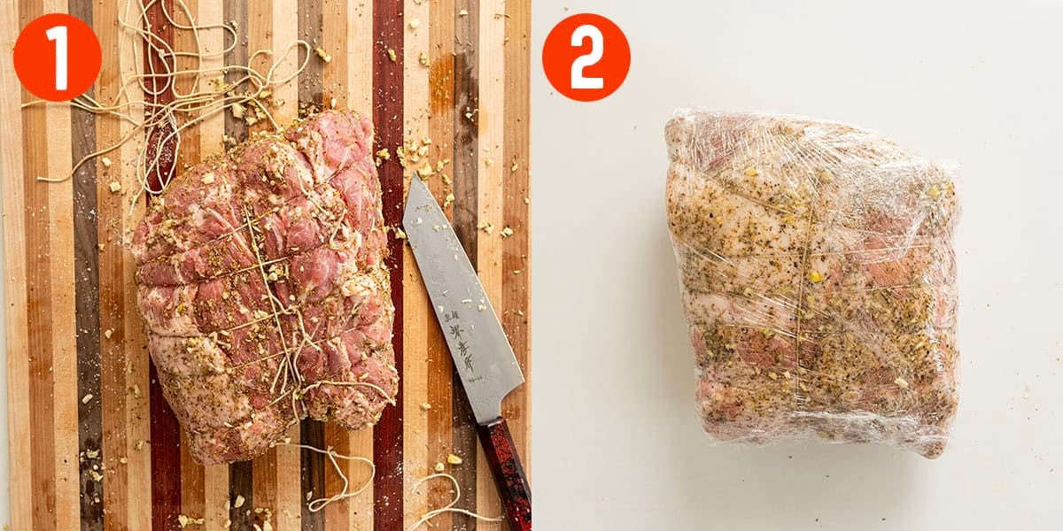 Seasoning and brining pork shoulder.