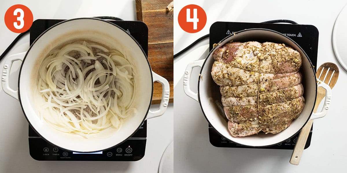 Sautéing onions and placing pork shoulder in dutch oven.