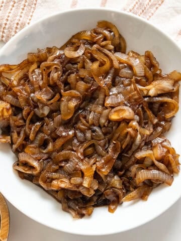 Caramelized balsamic onions in a bowl.